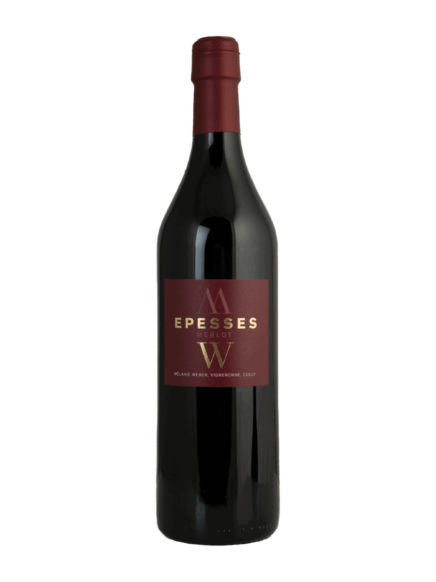 Bouteille de vin (Epesses) à étiquette rouge foncé "Les Communaux", Merlot (AOC Lavaux) - Mélanie Weber, vigneronne indépendante à Cully
