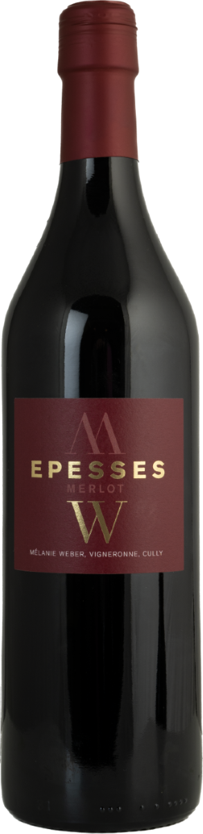 Bouteille de vin (Epesses) à étiquette rouge foncé 