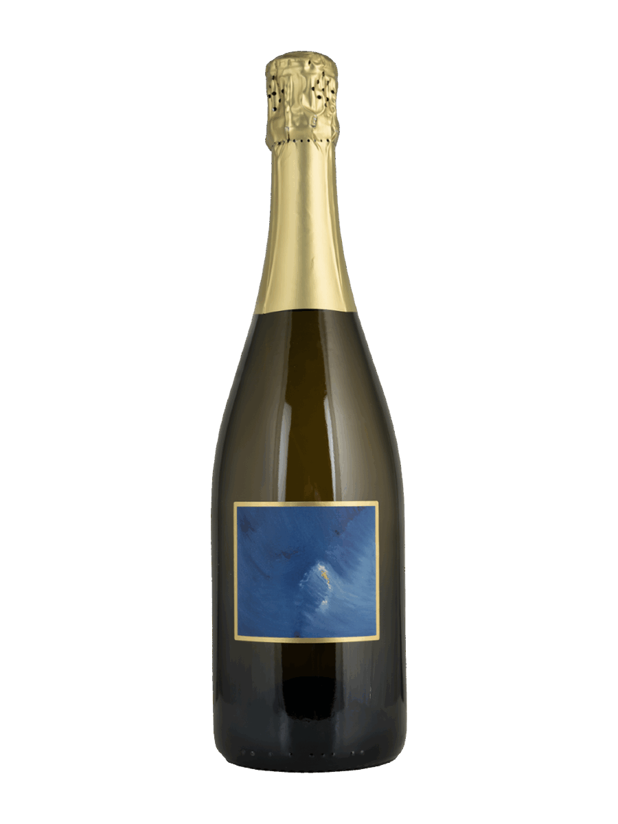 Bouteille de vin (Epesses) à étiquette bleue bordée de doré nommée "L'écume du Léman", Chardonnay mousseux (AOC Lavaux) - Mélanie Weber, vigneronne indépendante à Cully