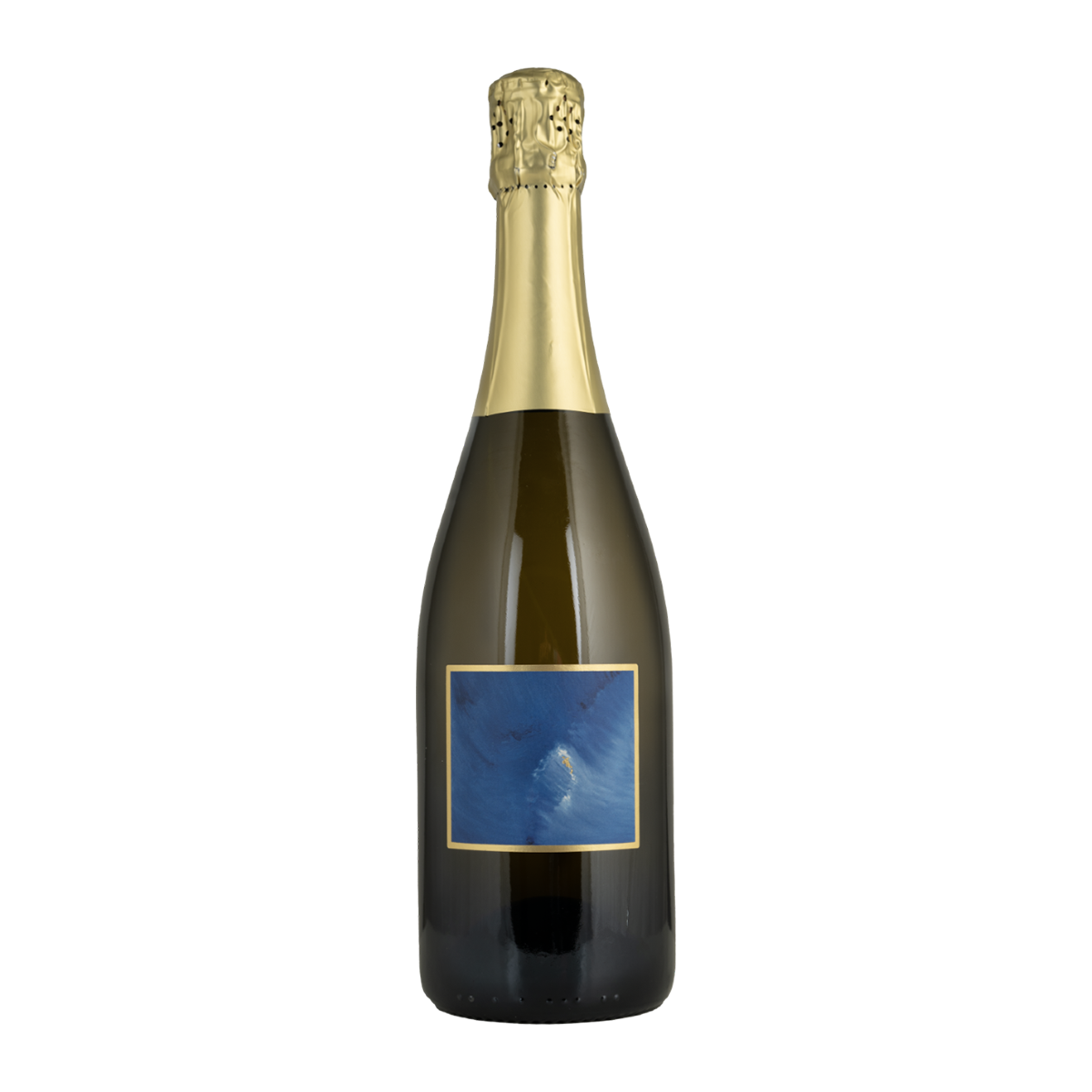Bouteille de vin (Epesses) à étiquette bleue bordée de doré nommée 